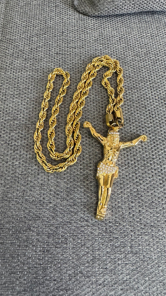 Collana lunga con Gesù grande acciaio oro *335