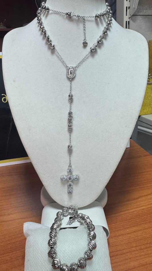 Combo Rosario martellato più bracciale colore argento *01