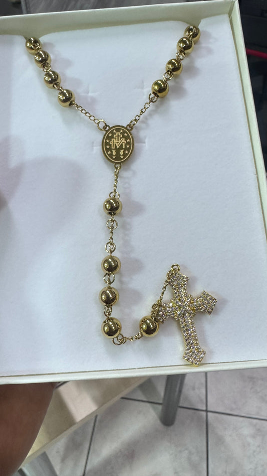 Rosario 8 mm 70 cm con croce geolier acciaio oro *5663