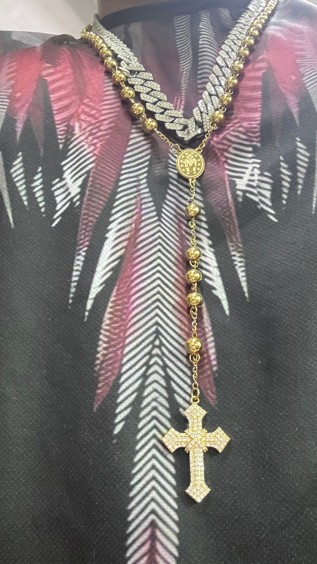 Rosario 8 mm 70 cm con croce geolier acciaio oro *5663