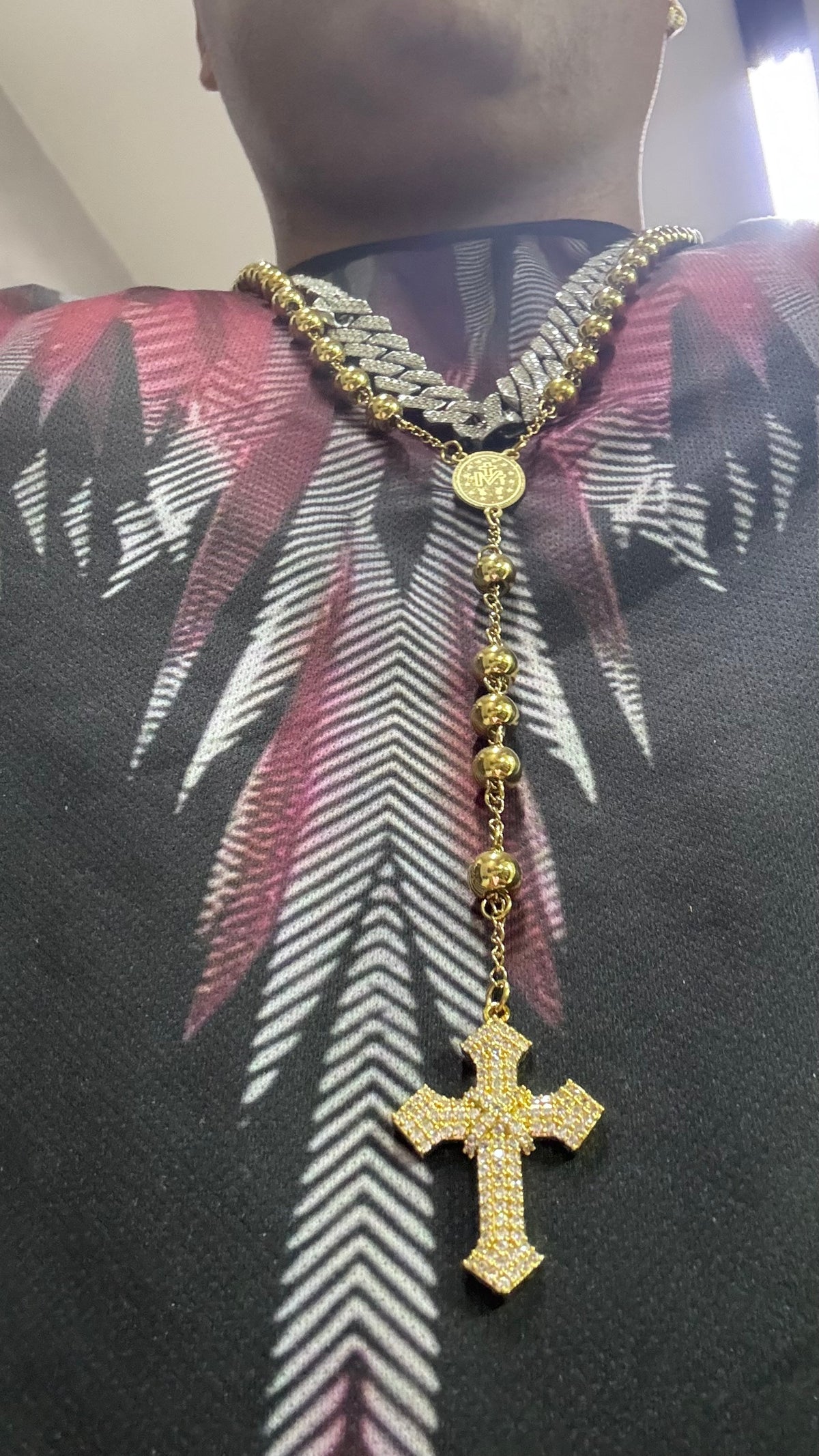 Rosario 8 mm 70 cm con croce geolier acciaio oro *5663