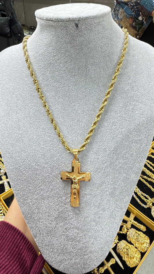 Collana corda  acciaio oro con croce *701