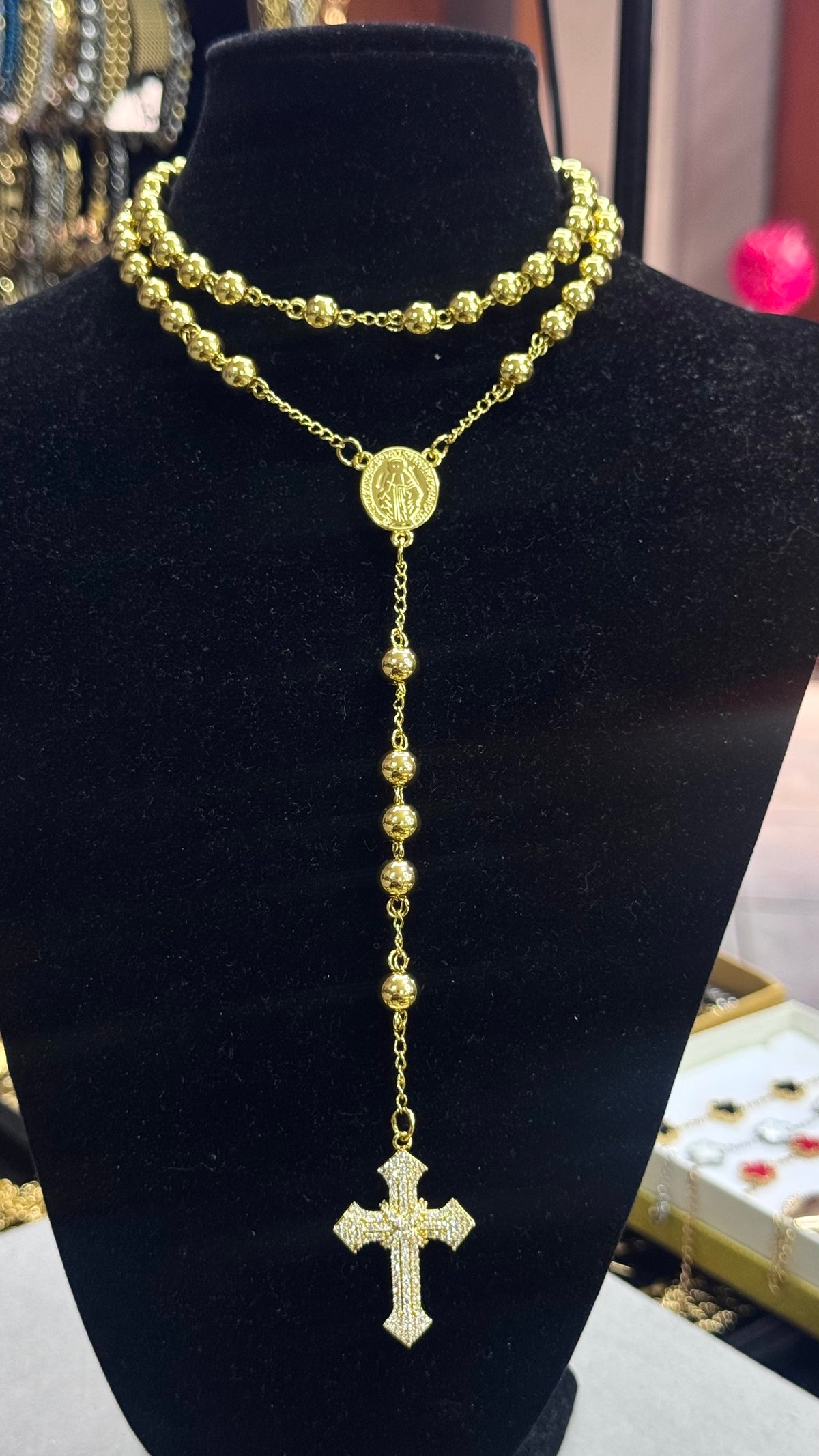Rosario 8 mm 70 cm con croce geolier acciaio oro *5663