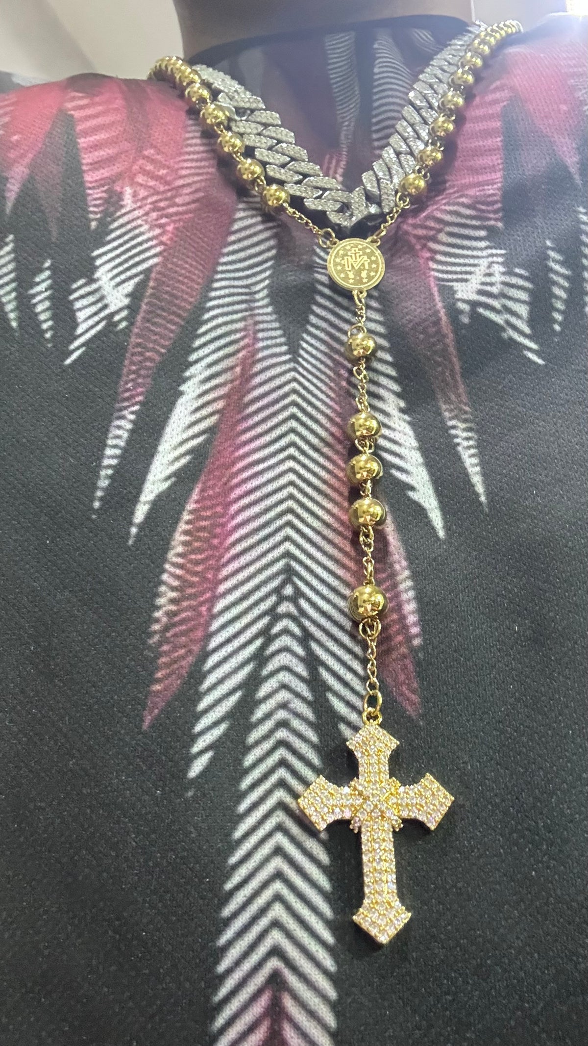 Rosario 8 mm 70 cm con croce geolier acciaio oro *5663