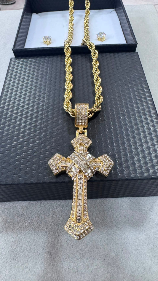 Combo kit croce pave' maxi e orecchini acciaio *264