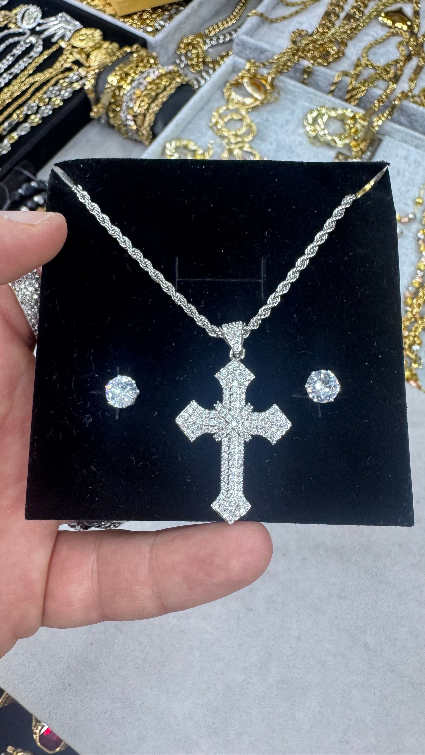 Combo kit croce pave' mini e orecchini acciaio *265