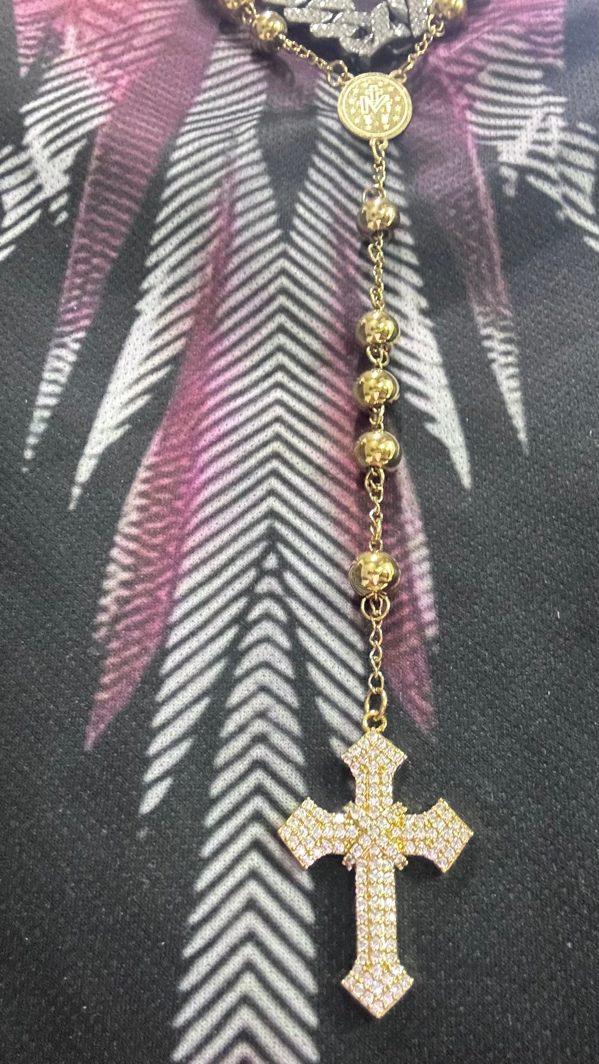 Rosario 8 mm 70 cm con croce geolier acciaio oro *5663