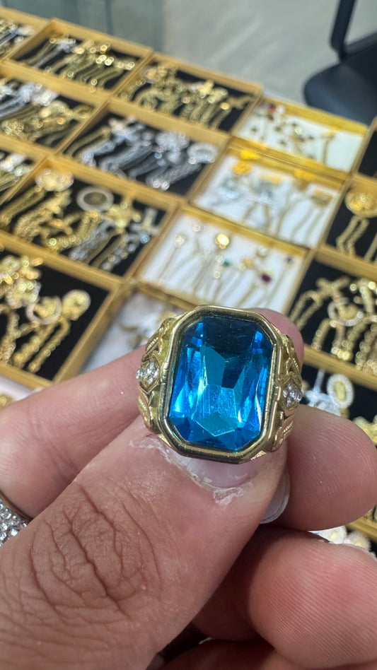 Anello RED pietra azzurra acciaio oro *70